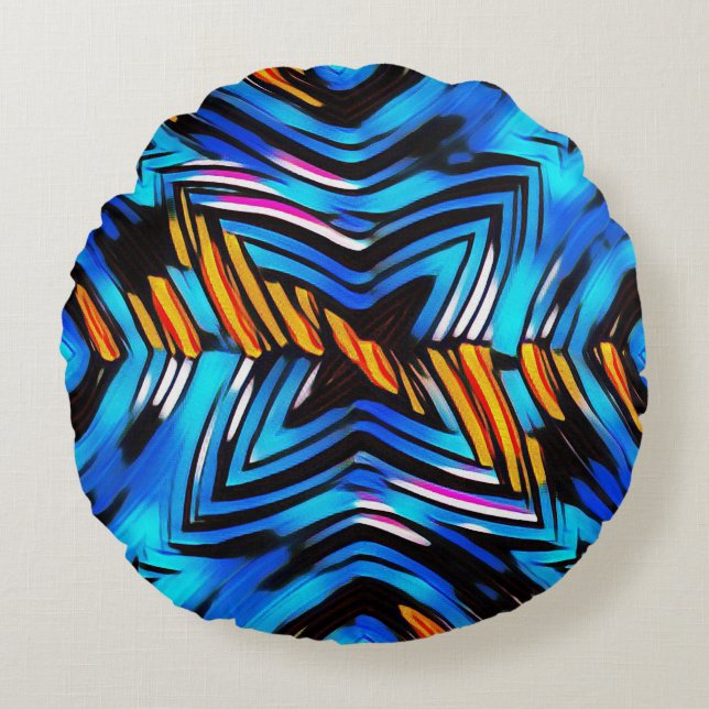 Abstracte moderne vloeistofgolven blauw n rond kussen (Voorkant)