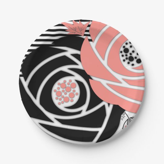 Abstracte moderne vormen bloemen bloemkoraalzwart papieren bordje (Voorkant)