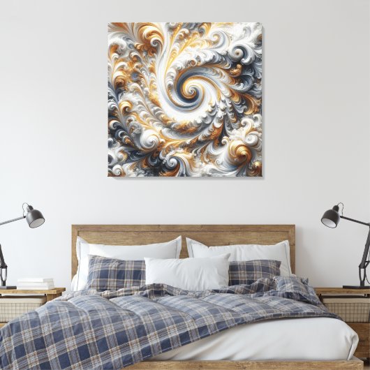 Abstracte moderne wervelende goud, zwart en wit canvas afdruk (Insitu (Slaapkamer))