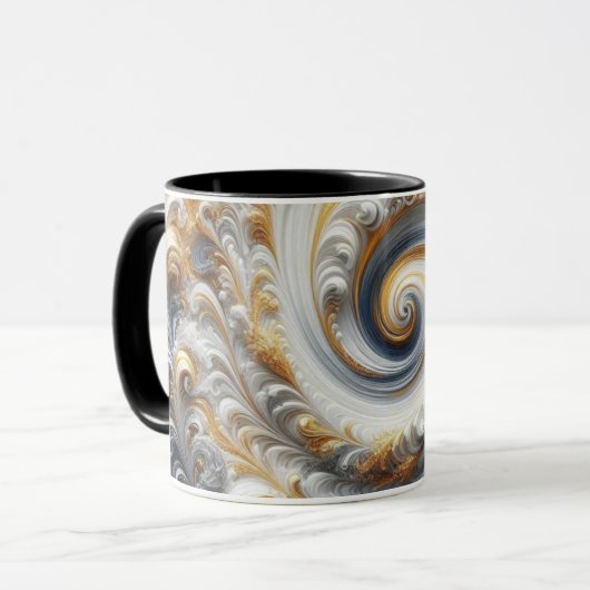 Abstracte moderne wervelende goud, zwart en wit mok (Voorkant links)