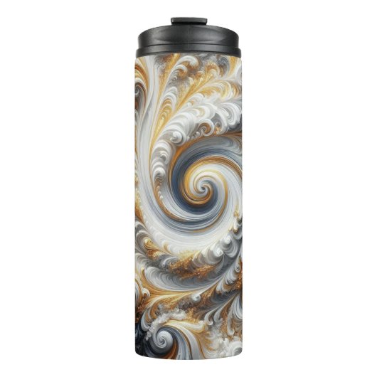 Abstracte moderne wervelende goud, zwart en wit thermosbeker (Voorkant)