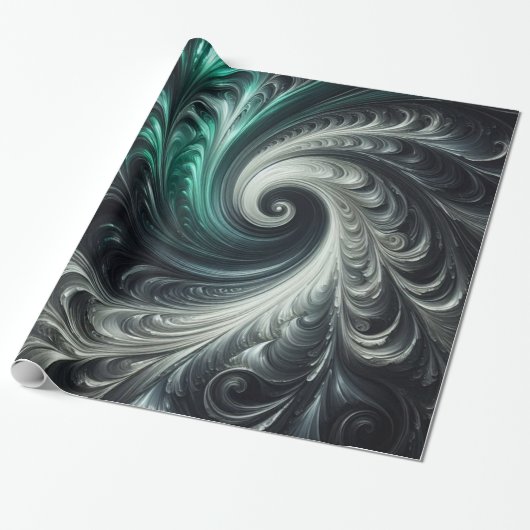 Abstracte moderne wervelende groene, zilveren en z cadeaupapier (Uitgerold)