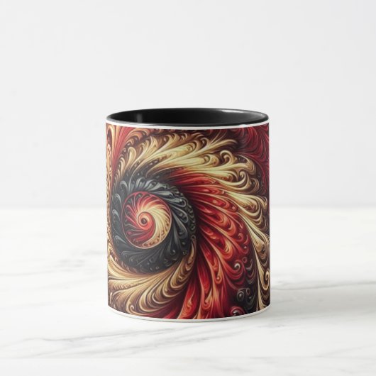 Abstracte moderne wervelende rood, zwart en goud mok (Midden)