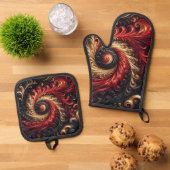 Abstracte moderne wervelende rood, zwart en goud ovenwant & pannenlap set (Top down)