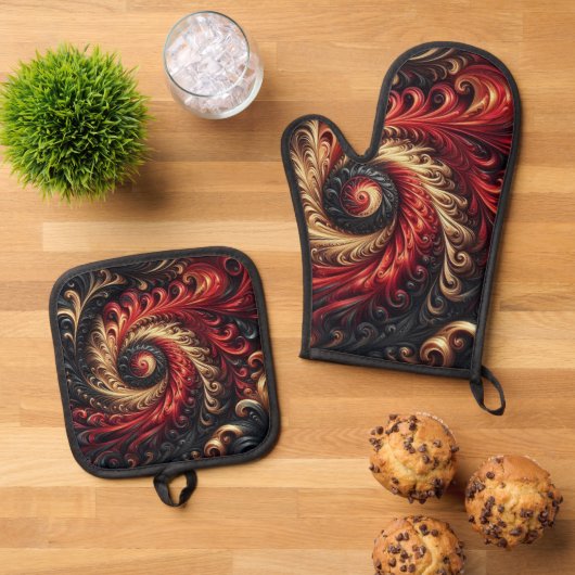 Abstracte moderne wervelende rood, zwart en goud ovenwant & pannenlap set (Top down)