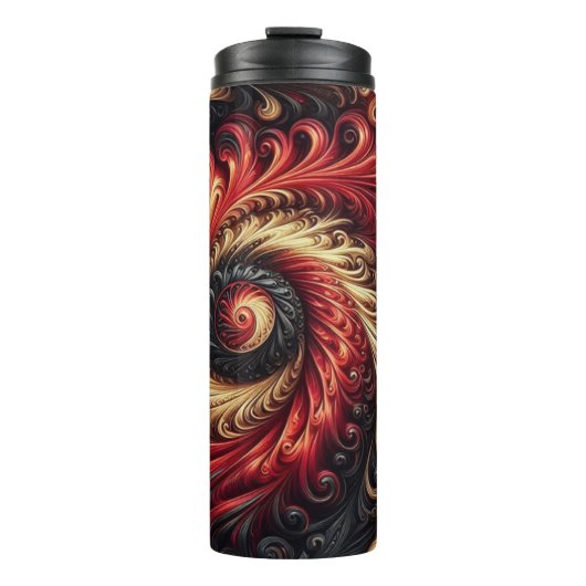 Abstracte moderne wervelende rood, zwart en goud thermosbeker (Voorkant)
