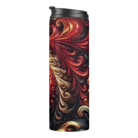 Abstracte moderne wervelende rood, zwart en goud thermosbeker (Geroteerd rechts)