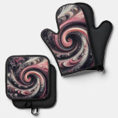 Abstracte moderne wervelende roze, zwart en wit ovenwant & pannenlap set (Voorkant / Achterkant)