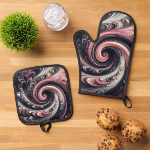 Abstracte moderne wervelende roze, zwart en wit ovenwant & pannenlap set