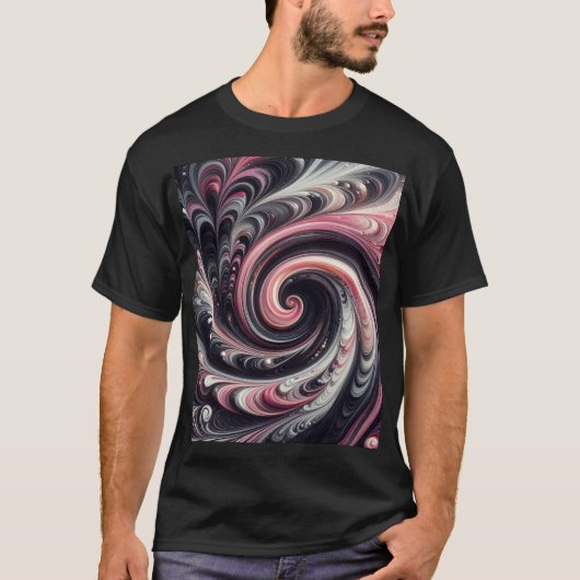 Abstracte moderne wervelende roze, zwart en wit t-shirt (Voorkant)