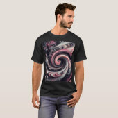 Abstracte moderne wervelende roze, zwart en wit t-shirt (Voorkant volledig)