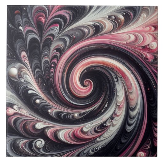 Abstracte moderne wervelende roze, zwart en wit tegeltje (Voorkant)