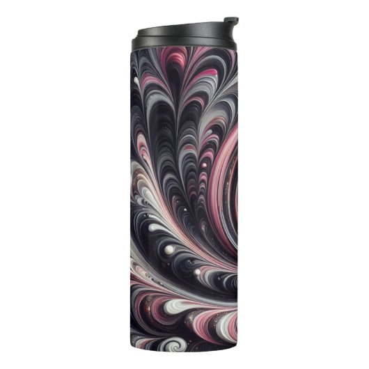 Abstracte moderne wervelende roze, zwart en wit thermosbeker (Gedraaid links)