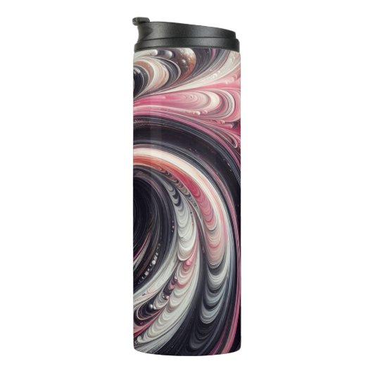 Abstracte moderne wervelende roze, zwart en wit thermosbeker (Geroteerd rechts)