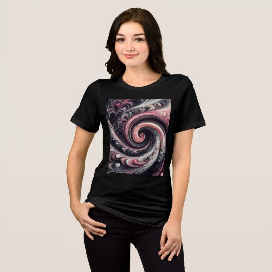 Abstracte moderne wervelende roze, zwart en wit Tri-Blend shirt (Voorkant volledig)