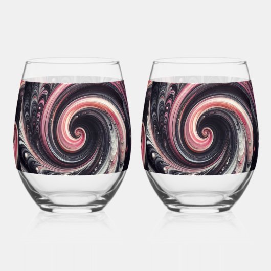 Abstracte moderne wervelende roze, zwart en wit wijnglas zonder voet (Achterkant)