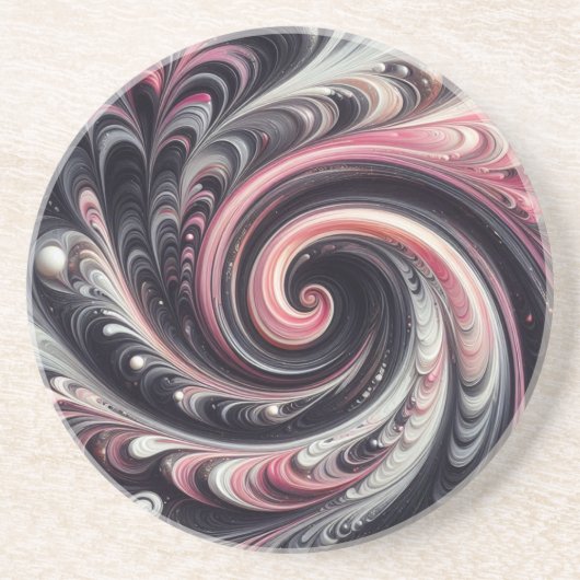 Abstracte moderne wervelende roze, zwart en wit zandsteen onderzetter (Voorkant)