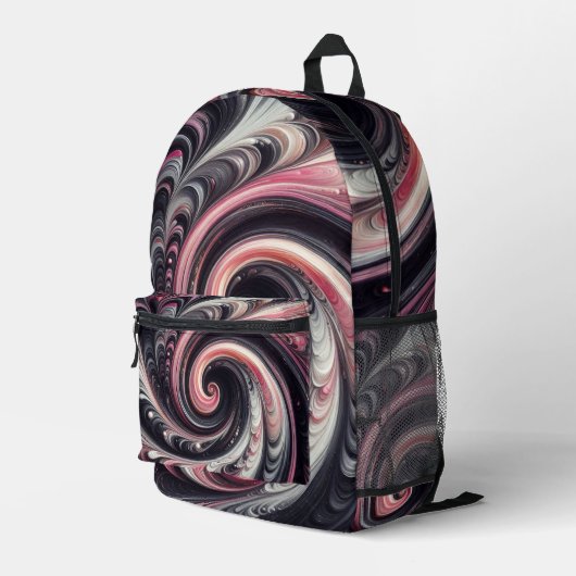 Abstracte moderne wervelende roze, zwarte en witte bedrukte rugzak (Achterkant Hoek Rechts)