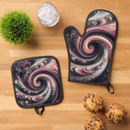Abstracte moderne wervelende roze, zwarte en witte ovenwant & pannenlap set