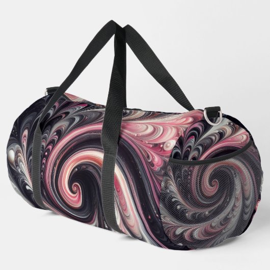 Abstracte moderne wervelende roze, zwarte en witte plunjezak (Rechterhoek)