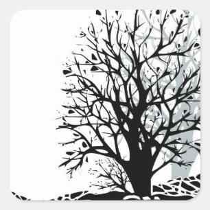 Abstracte moderne zwarte boom silhouet schaduw wit vierkante sticker