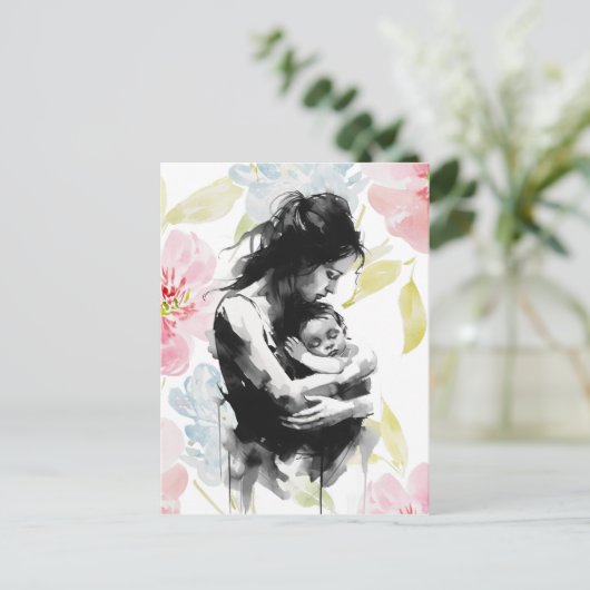 Abstracte moeder en kind inkt en waterverf briefkaart (Staand voorkant)