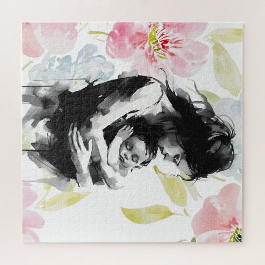 Abstracte moeder en kind inkt en waterverf legpuzzel (Horizontaal)