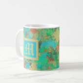 Abstracte monogram groene, gele en blauwe druppels koffiemok (Voorkant links)