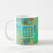 Abstracte monogram groene, gele en blauwe druppels koffiemok (Links)