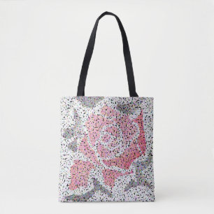 Abstracte mozaïekbloem roos roze witte grijze bloe tote bag