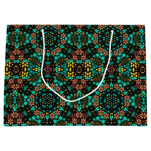 Abstracte mozaïekkaleidoscopische bloemen zwart groot cadeauzakje (Voorkant)