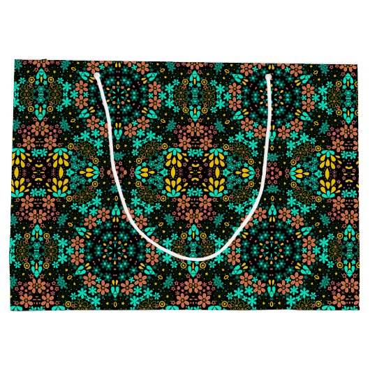 Abstracte mozaïekkaleidoscopische bloemen zwart groot cadeauzakje (Achterkant)