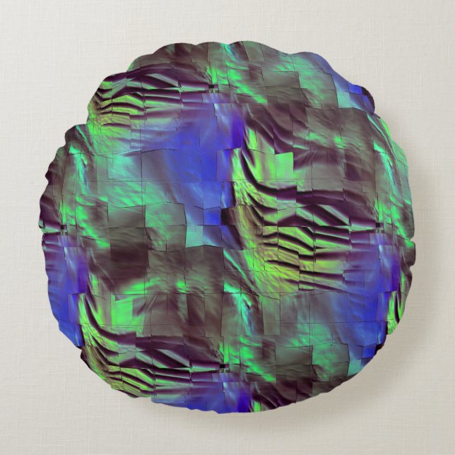 Abstracte mozaïektekening van roestgroen en blauw rond kussen (Voorkant)