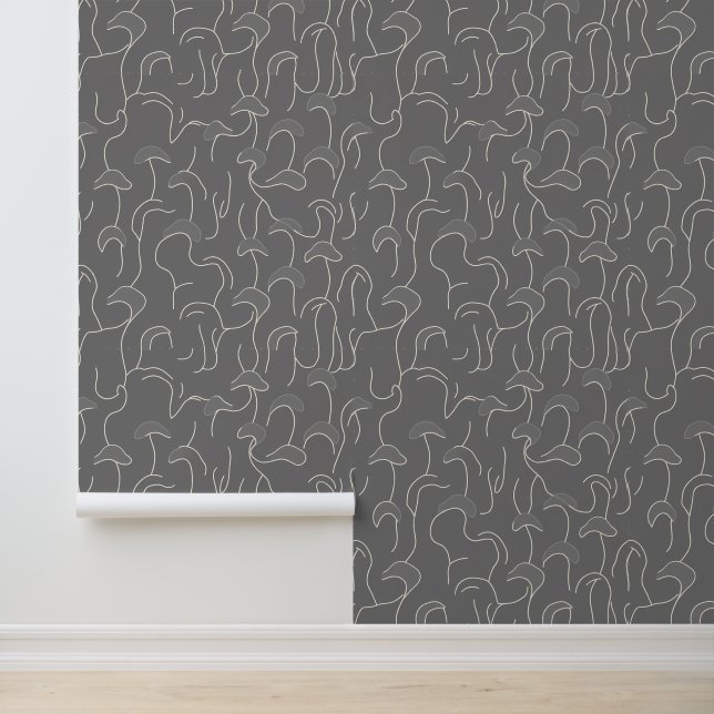 Abstracte Mushroom Line Art op grijs Behang (Applicatie)