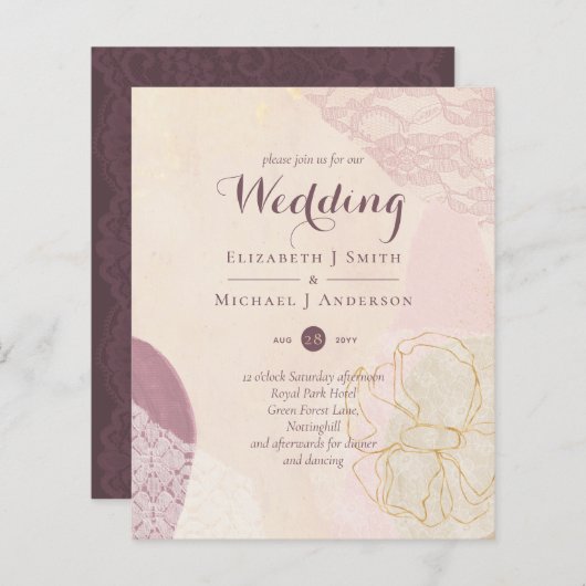 Abstracte Mustard Lace Merlot Wedding Invite Budge (Voorkant / Achterkant)