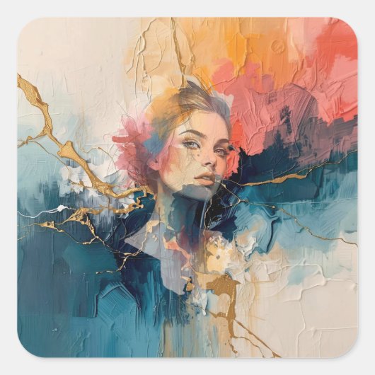 abstracte muurkunst, moderne kunst print, vrouw po vierkante sticker (Voorkant)