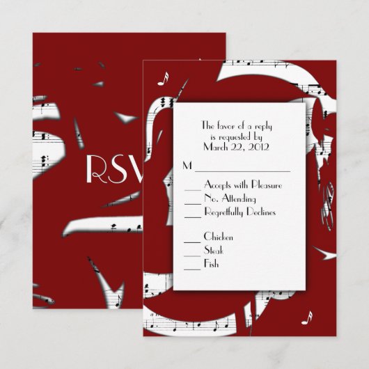 Abstracte Muziek RSVP met menukeuze in Maroon Kaartje (Voorkant / Achterkant)