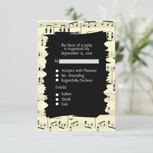 Abstracte muziek zwart en geel RSVP met menu keuze (Staand voorkant)
