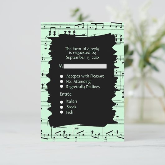 Abstracte muziek zwart en mint RSVP met menuoptie (Staand voorkant)