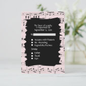 Abstracte muziek zwart en roze RSVP met menukeuze (Staand voorkant)