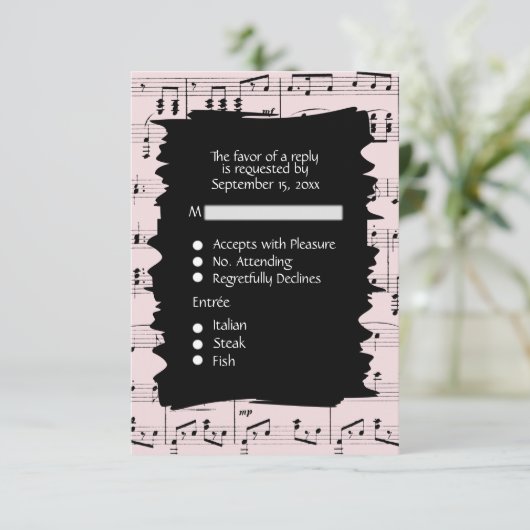 Abstracte muziek zwart en roze RSVP met menukeuze (Staand voorkant)
