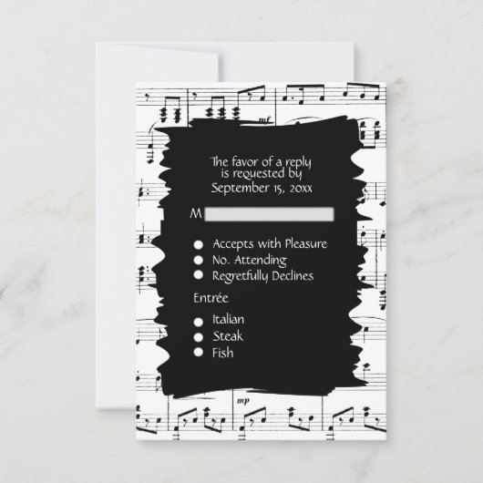 Abstracte muziek zwart-wit RSVP met menu keuze (Voorkant)