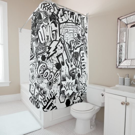 Abstracte naadloze zwarte en witte strips douchegordijn (In situ)