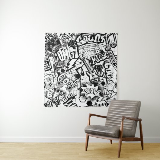 Abstracte naadloze zwarte en witte strips wandkleed (In situ)