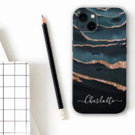 Abstracte naam Navy Blue & Copper Elegant Script Case-Mate iPhone Case