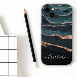 Abstracte naam Navy Blue & Copper Elegant Script Case-Mate iPhone Case