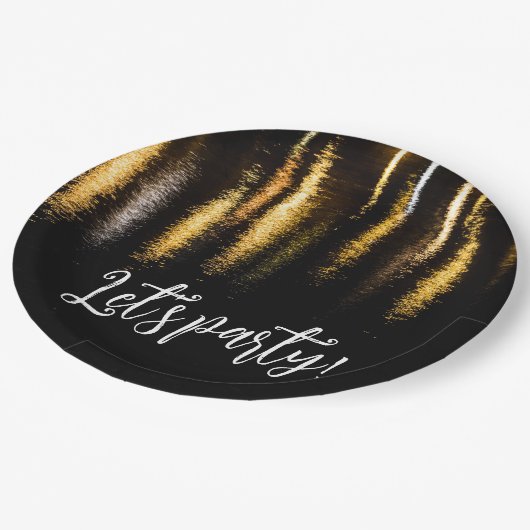 Abstracte nachtlampen zee glanzend goud zwarte par papieren bordje (Gekanteld)