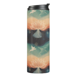 Abstracte Natuur: Minimalistisch Lotus- en Vogelon Thermosbeker
