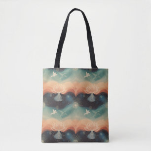 Abstracte Natuur: Minimalistisch Lotus & Vogelontw Tote Bag
