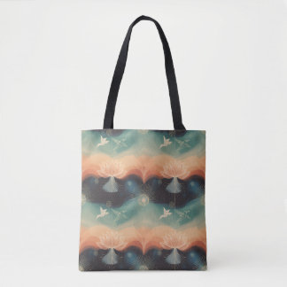 Abstracte Natuur: Minimalistisch Lotus & Vogelontw Tote Bag